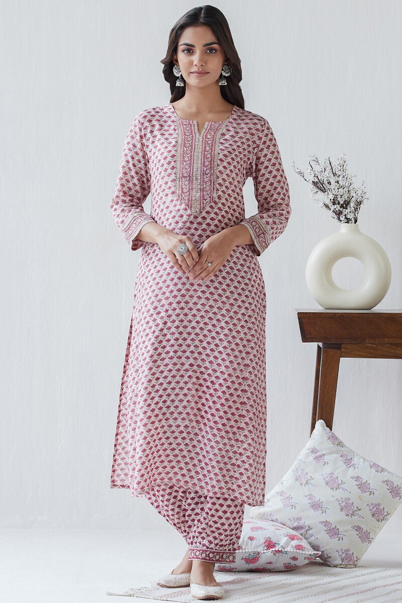 Pink Hand Block Printed Straight Modal Kurta