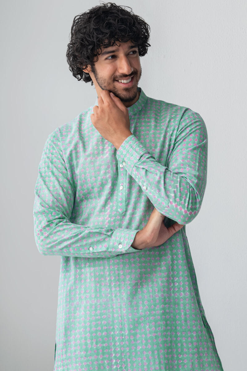 Green Hand Block Printed Cotton Kurta