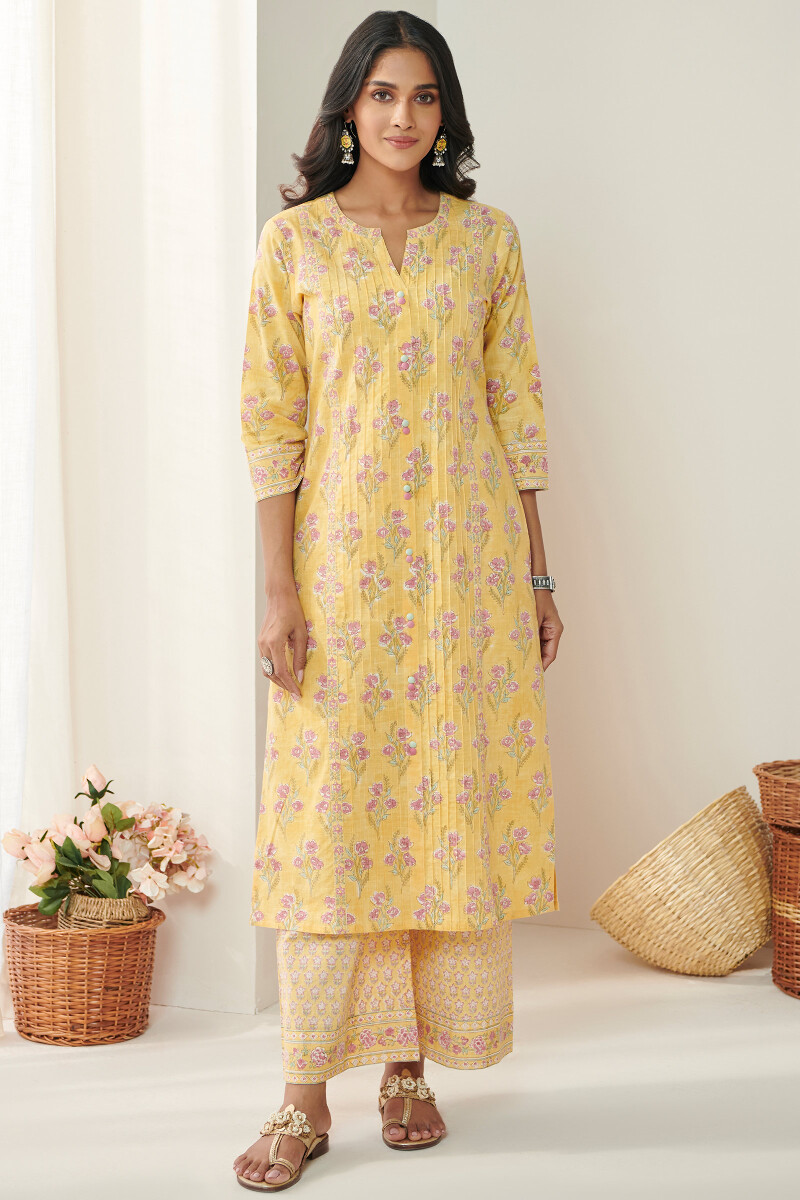 Yellow Hand Block Printed Straight Cotton Slub Kurta