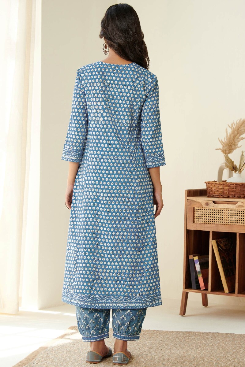 Indigo Hand Block Printed A-Line Cotton Kurta