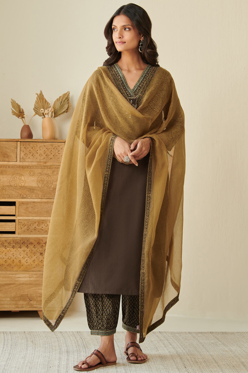 Brown Handcrafted Straight Handloom Kurta