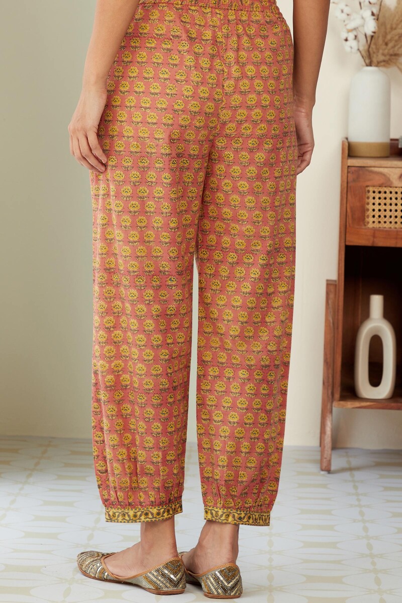 Peach Hand Block-Printed Cotton Izhaar Pants