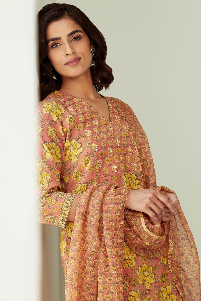 Peach Hand Block-Printed Straight Cotton Kurta