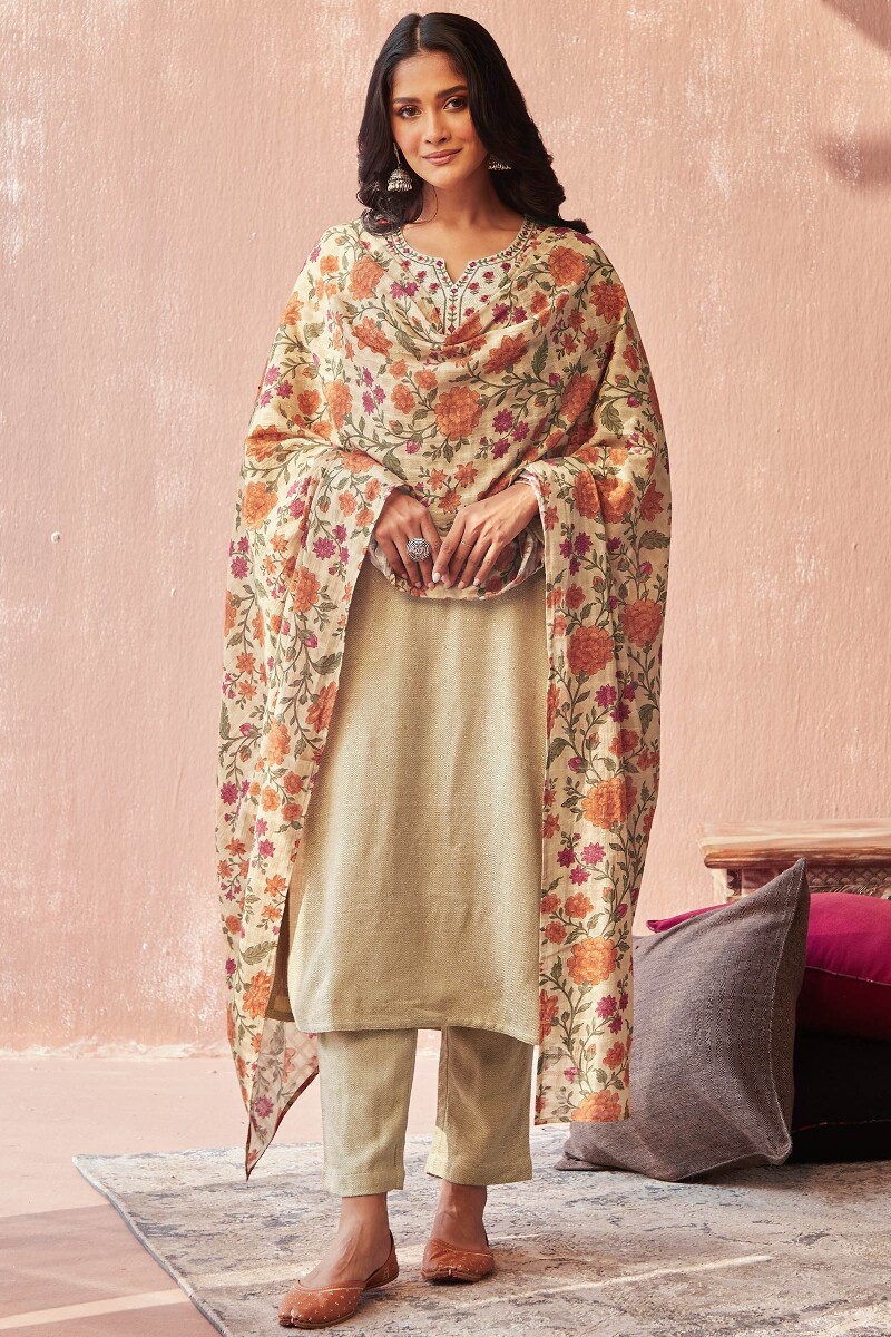 Beige Handcrafted Straight Faux Wool Kurta