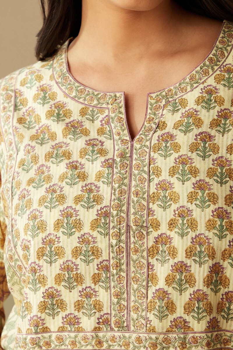 Beige Hand Block-Printed Cotton Dobby Kaftan