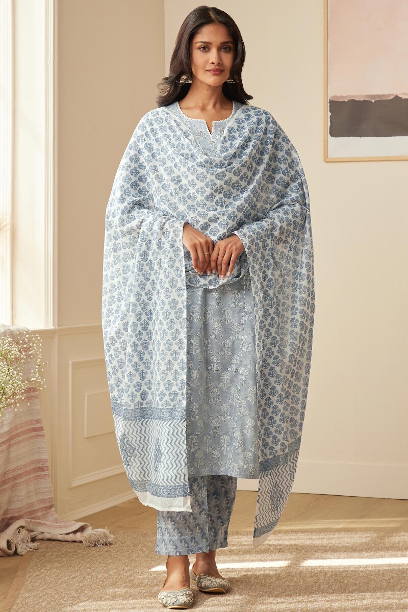 Blue Hand Block-Printed Straight Cotton Kurta