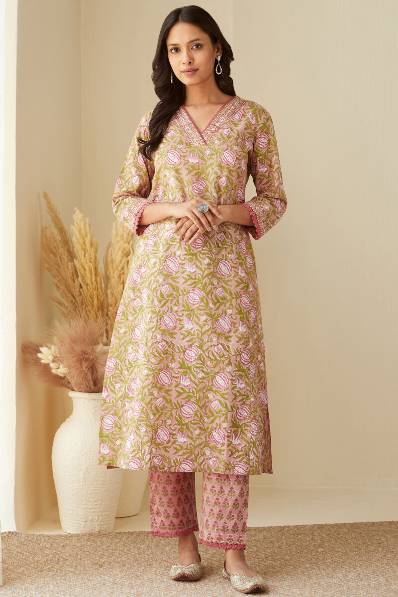 Pink Hand Block-Printed Straight Cotton Kurta