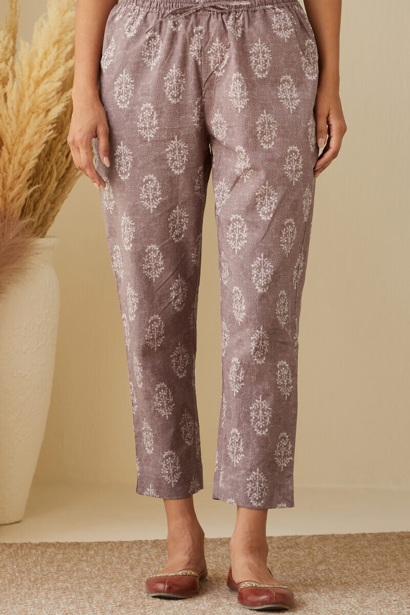 Brown Hand Printed Cotton Narrow Pants