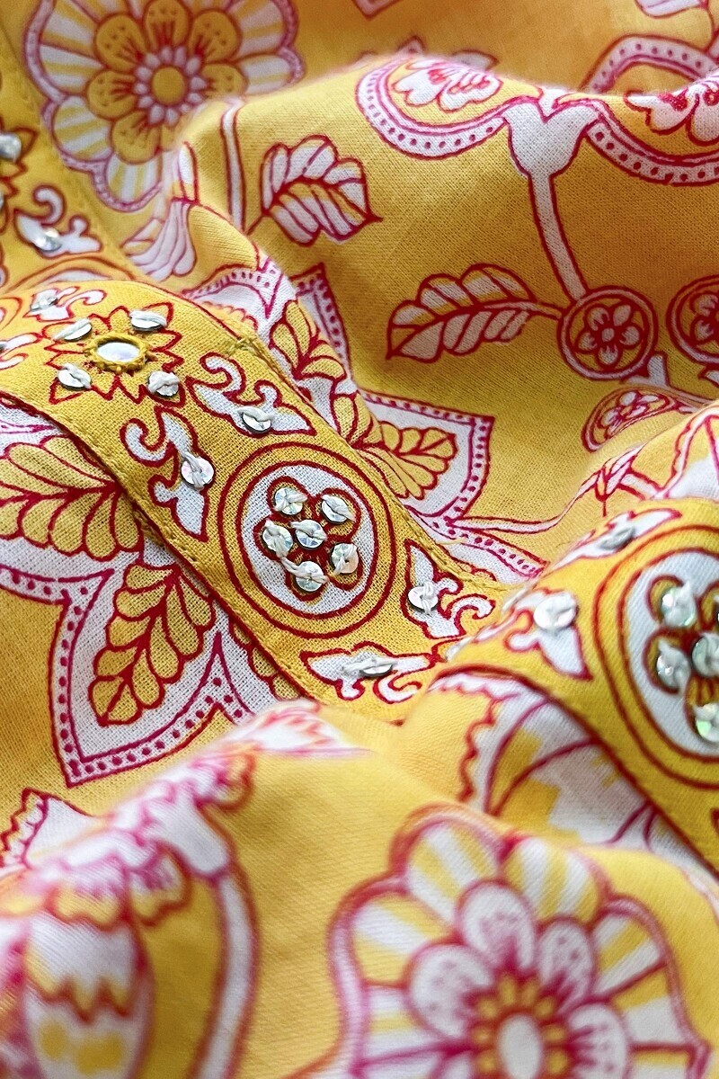 Yellow Hand Printed Straight Cotton Kurta