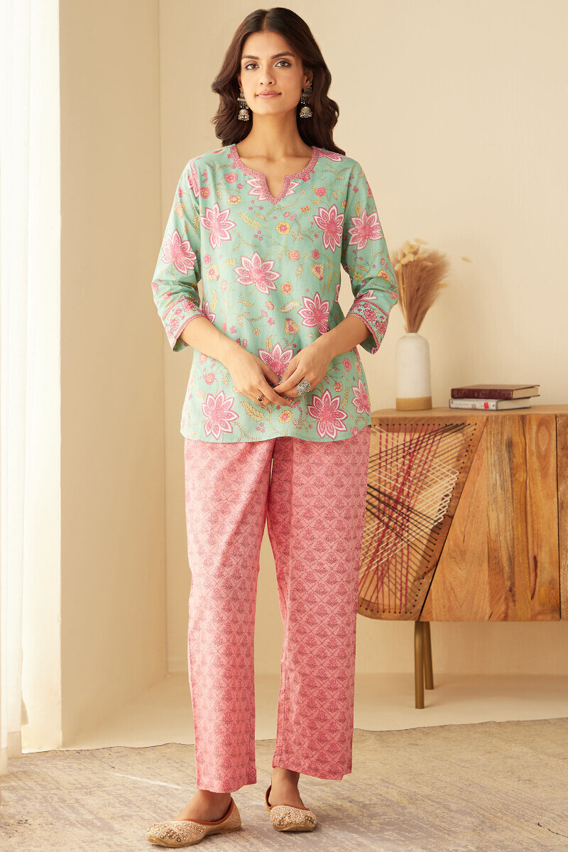 Green Hand Printed Cotton Loungewear Set