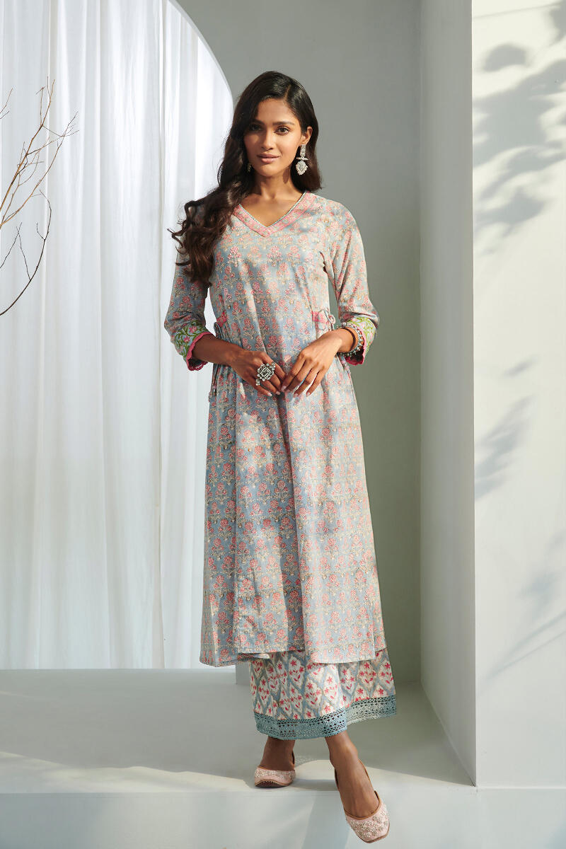 Grey Block Printed A-Line Cotton Kurta