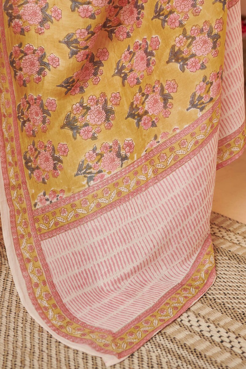 Yellow Hand Block Printed Cotton Silk Saree