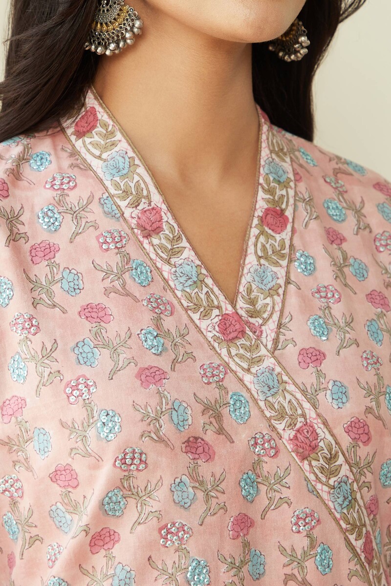 Pink Hand Block Printed Straight Cotton Kurta