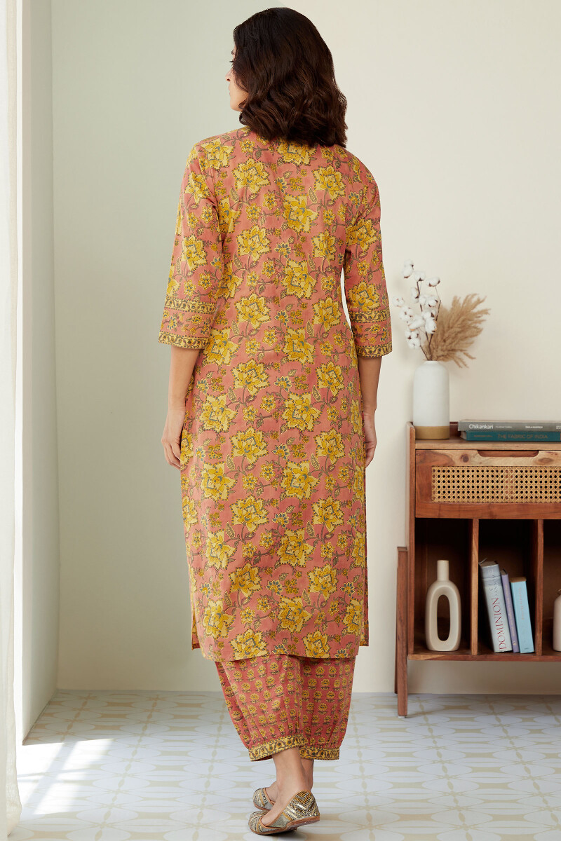 Peach Hand Block-Printed Straight Cotton Kurta