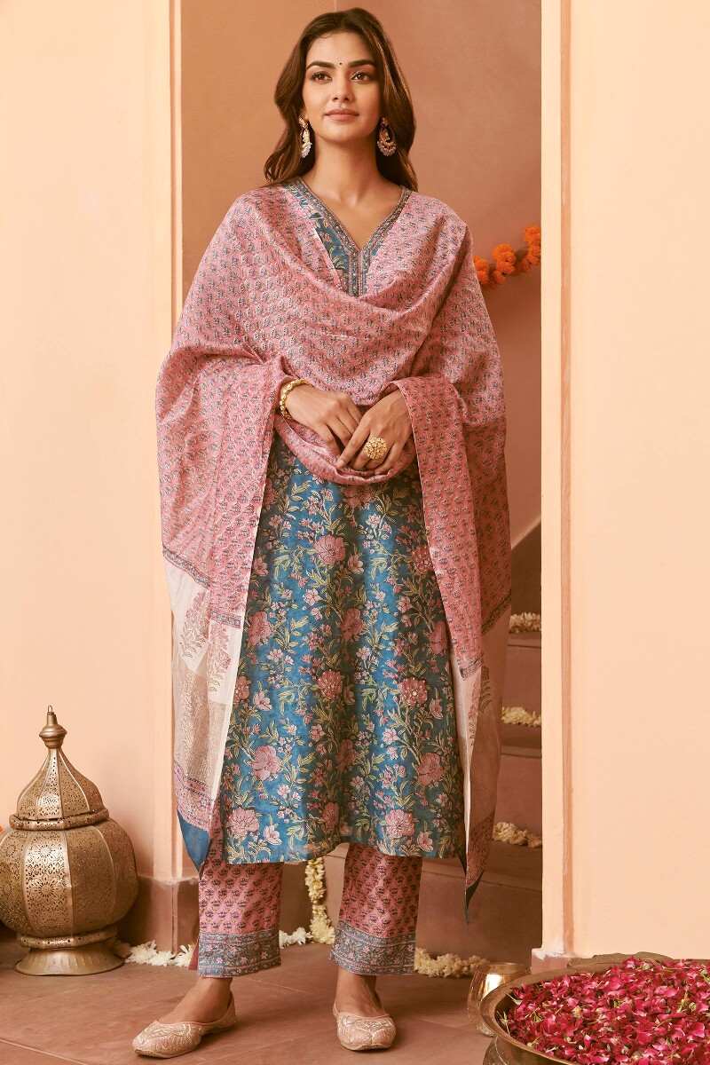 Pink Hand Block-Printed Chanderi Narrow Pants