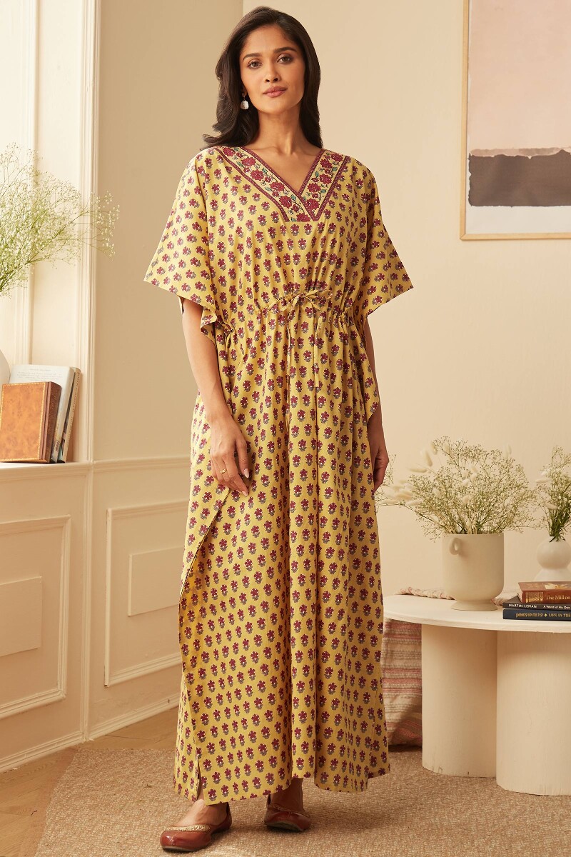 Yellow Hand Printed Cotton Kaftan