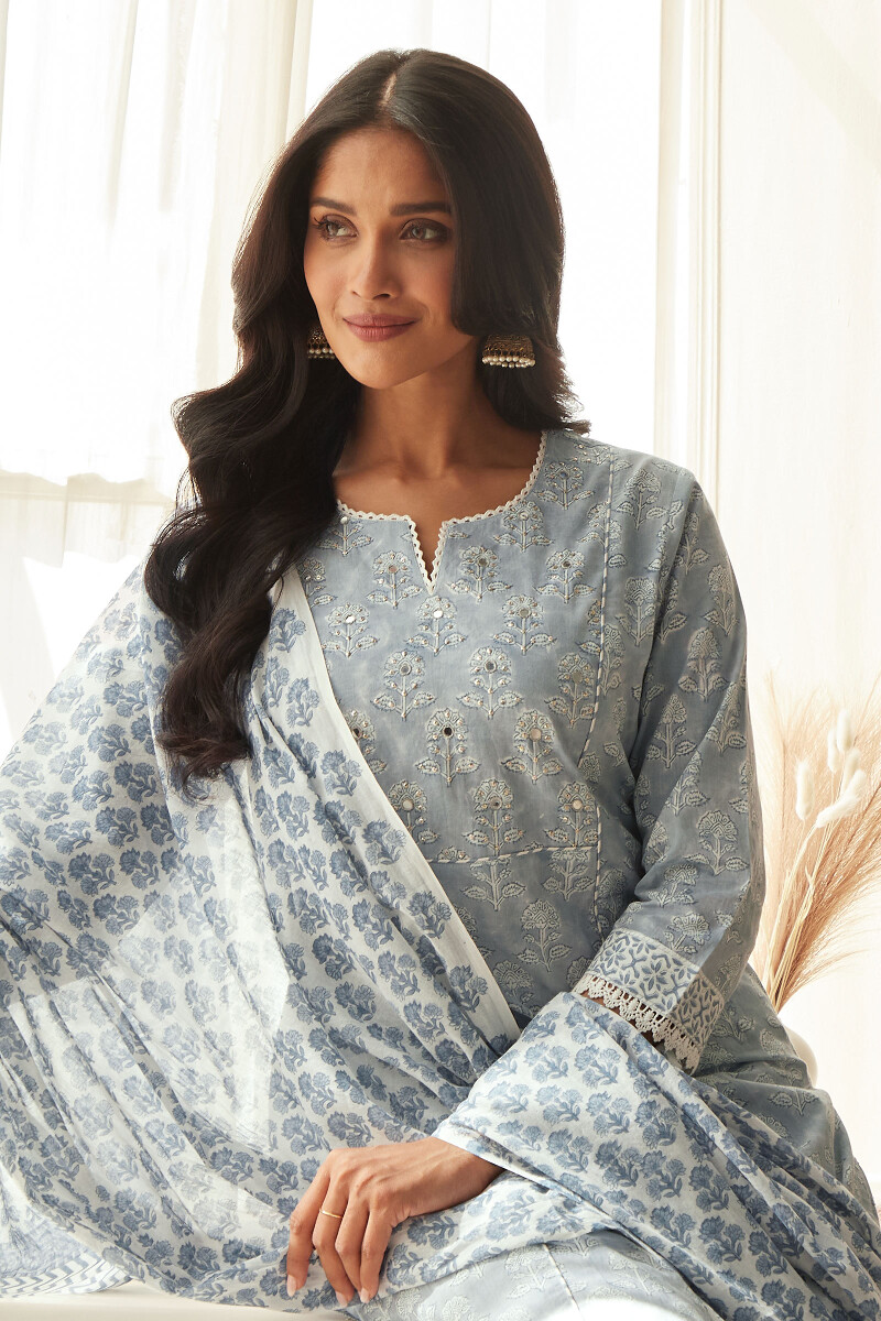 Blue Hand Block-Printed Straight Cotton Kurta