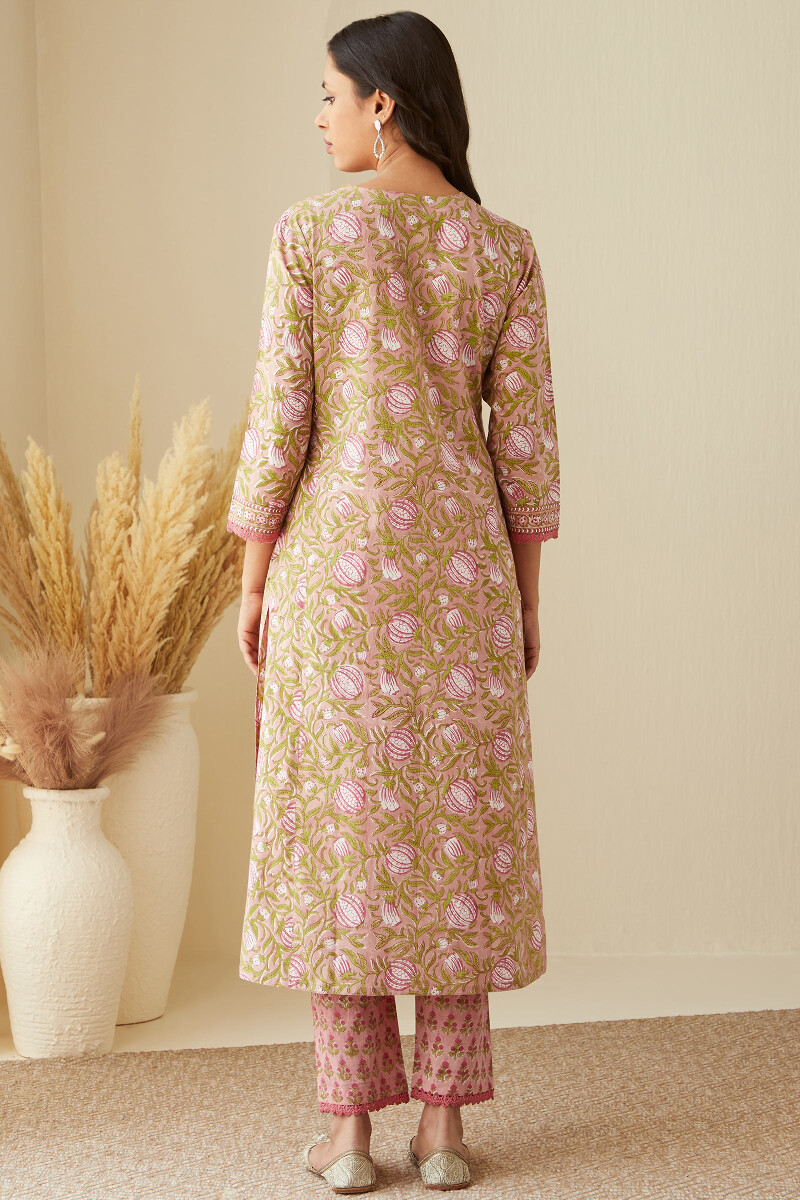 Pink Hand Block-Printed Straight Cotton Kurta