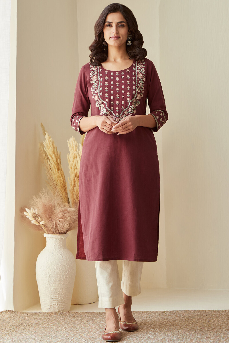 Maroon Handcrafted Straight Cotton Flax Kurta