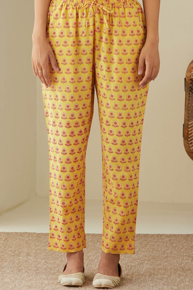 Yellow Hand Printed Cotton Narrow Pants