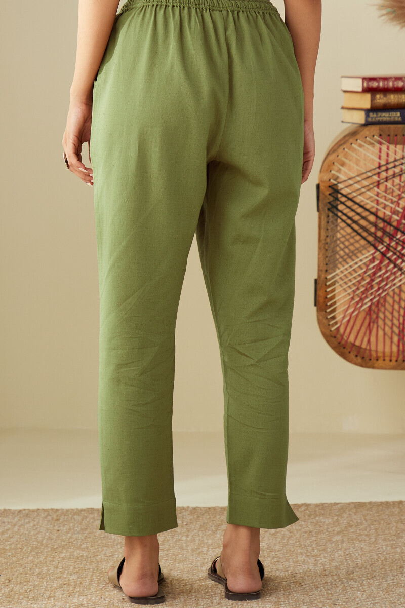 Green Handcrafted Cotton Flax Narrow Pants