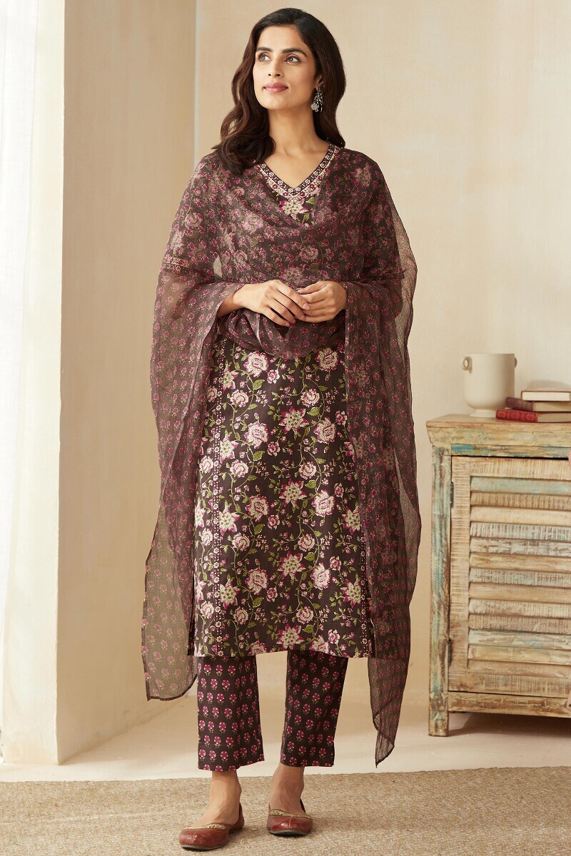 Brown Hand Printed Straight Cotton Kurta