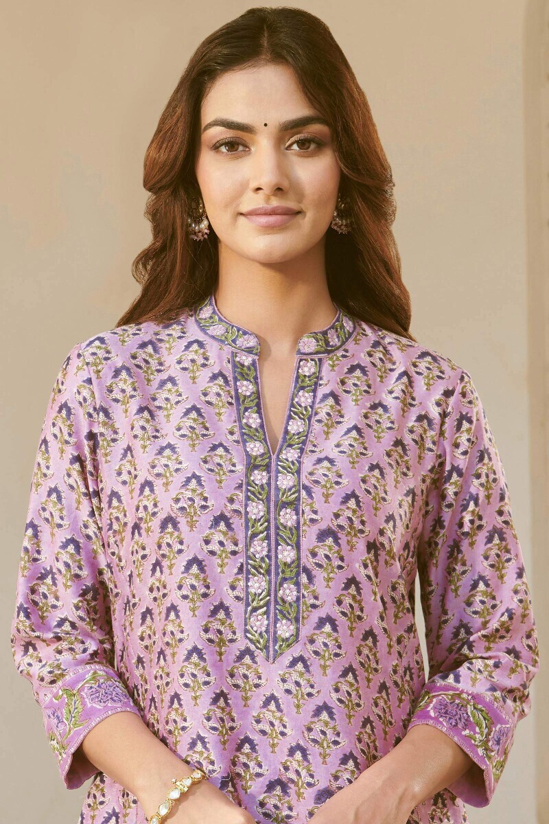 Purple Hand Block-Printed Straight Chanderi Kurta