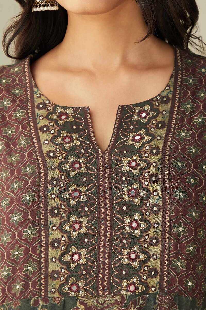 Olive Green Printed Straight Viscose Kurta