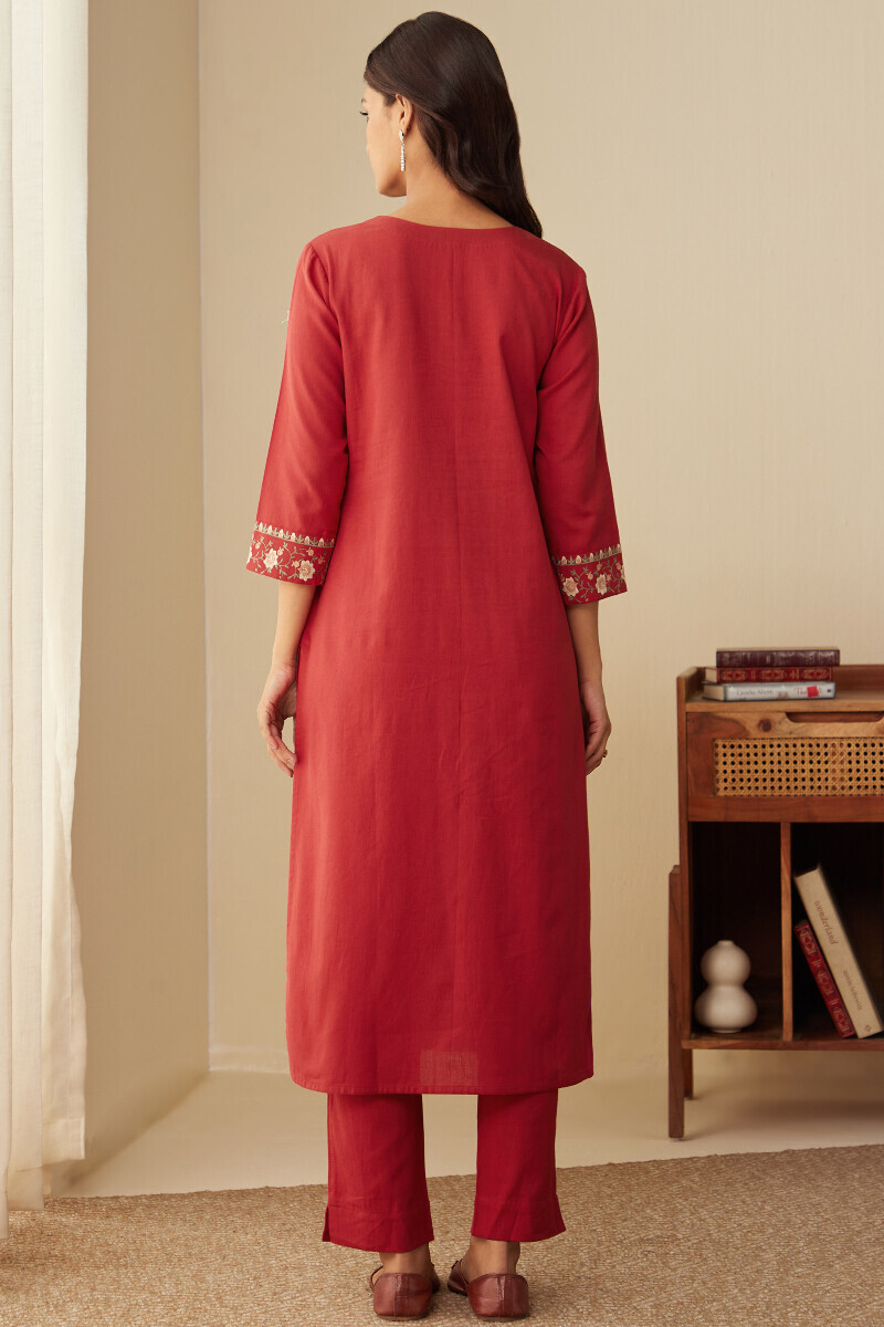 Red Handcrafted Straight Cotton Flax Kurta