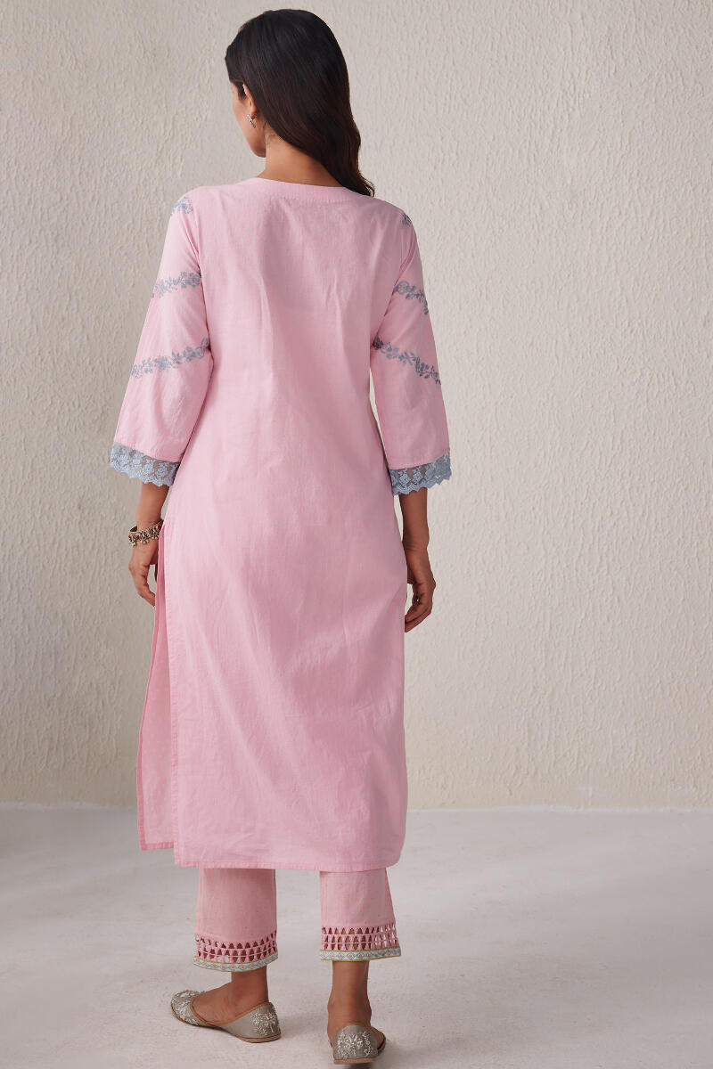 Pink Block Printed Straight Cotton Kurta