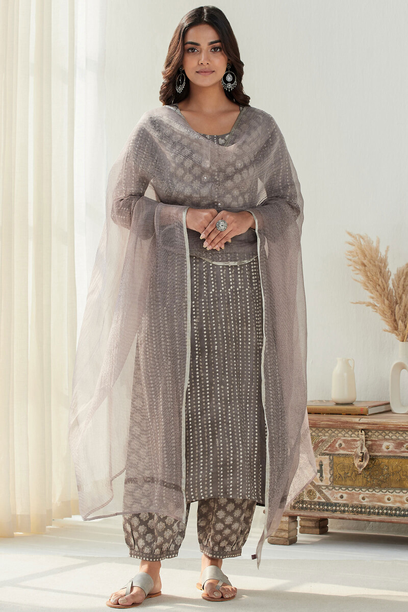 Grey Hand Block Printed Straight Modal Kurta