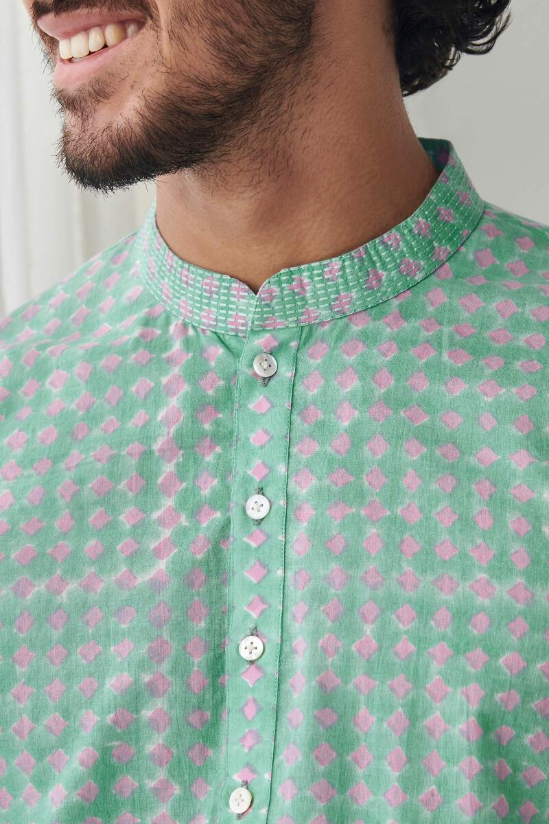 Green Hand Block Printed Cotton Kurta