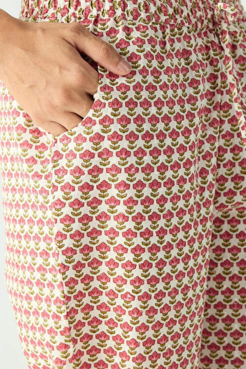 Pink Hand Printed Cotton Dobby Narrow Pants