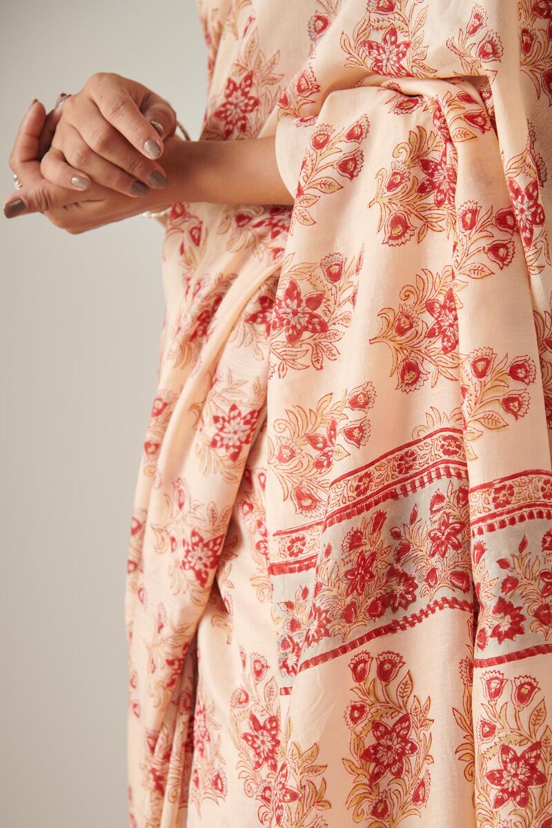 Beige Block Printed Modal Saree