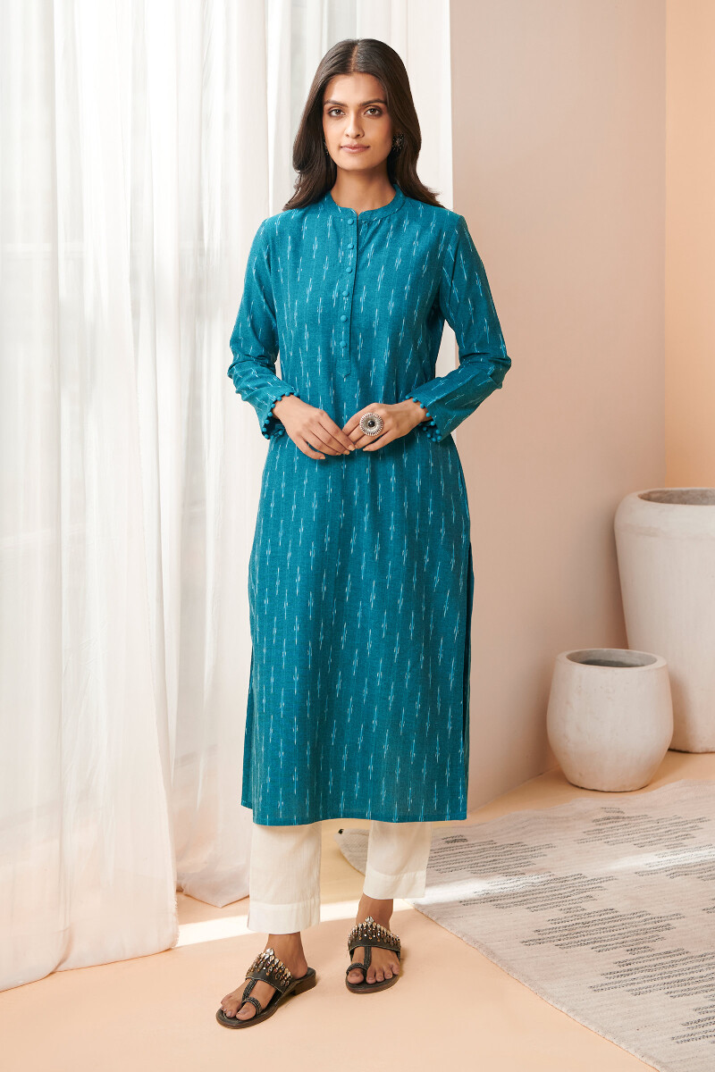 Blue Handcrafted Straight Cotton Kurta
