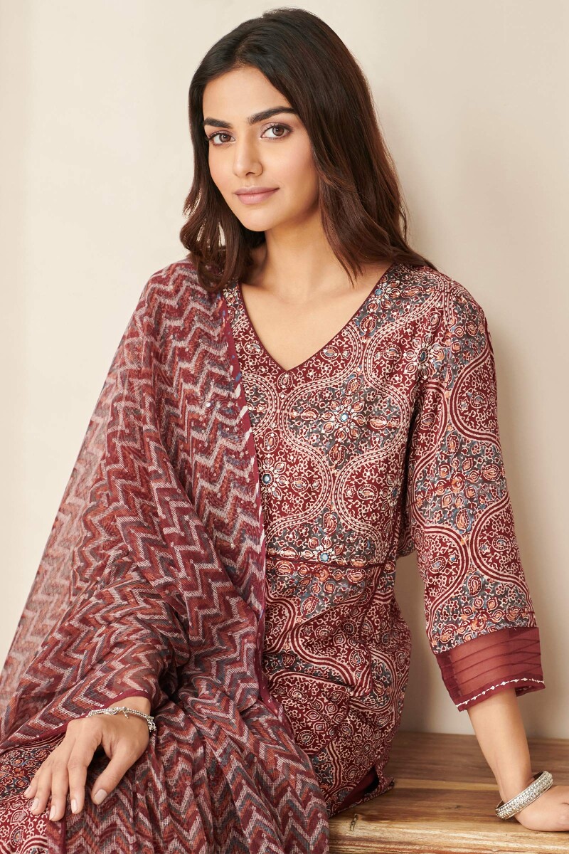 Ajrak Hand Block Printed Straight Modal Satin Kurta