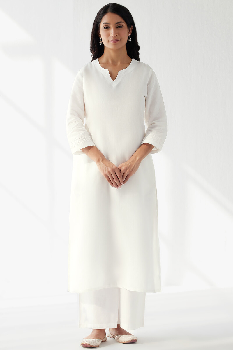 White Handcrafted Straight Cotton Linen Kurta