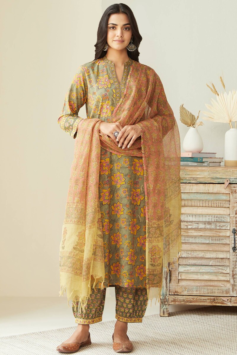 Yellow Hand Block Printed Kota Dupatta