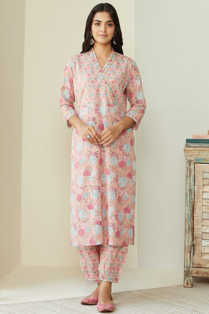 Pink Hand Block Printed Straight Cotton Kurta
