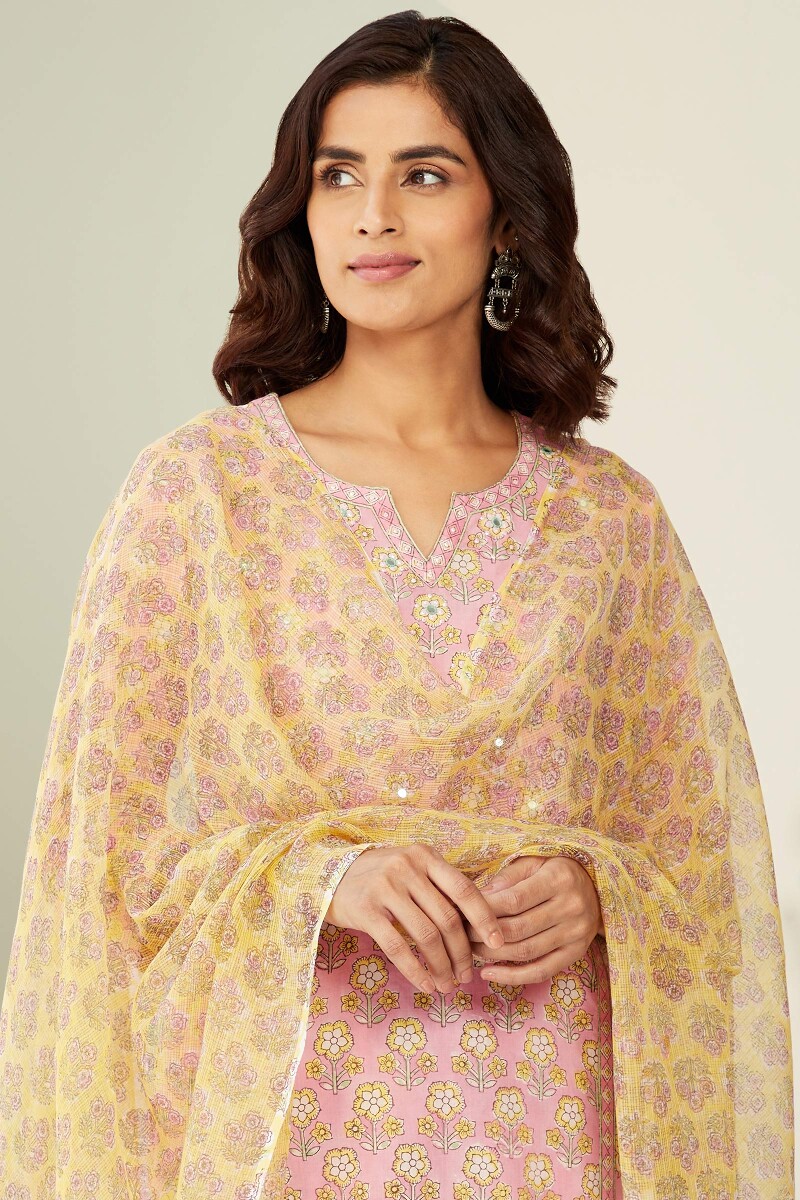Yellow Hand Block-Printed Kota Dupatta
