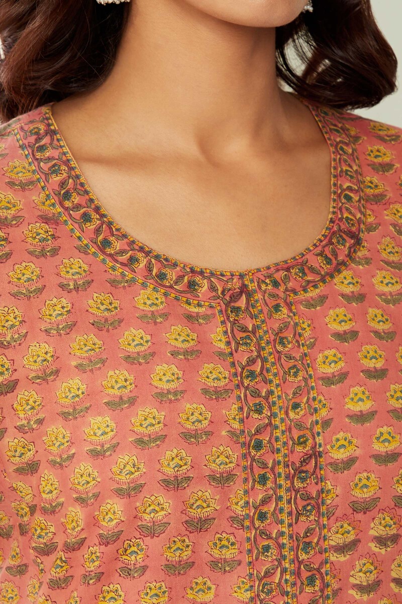 Peach Hand Block-Printed A-Line Cotton Kurta