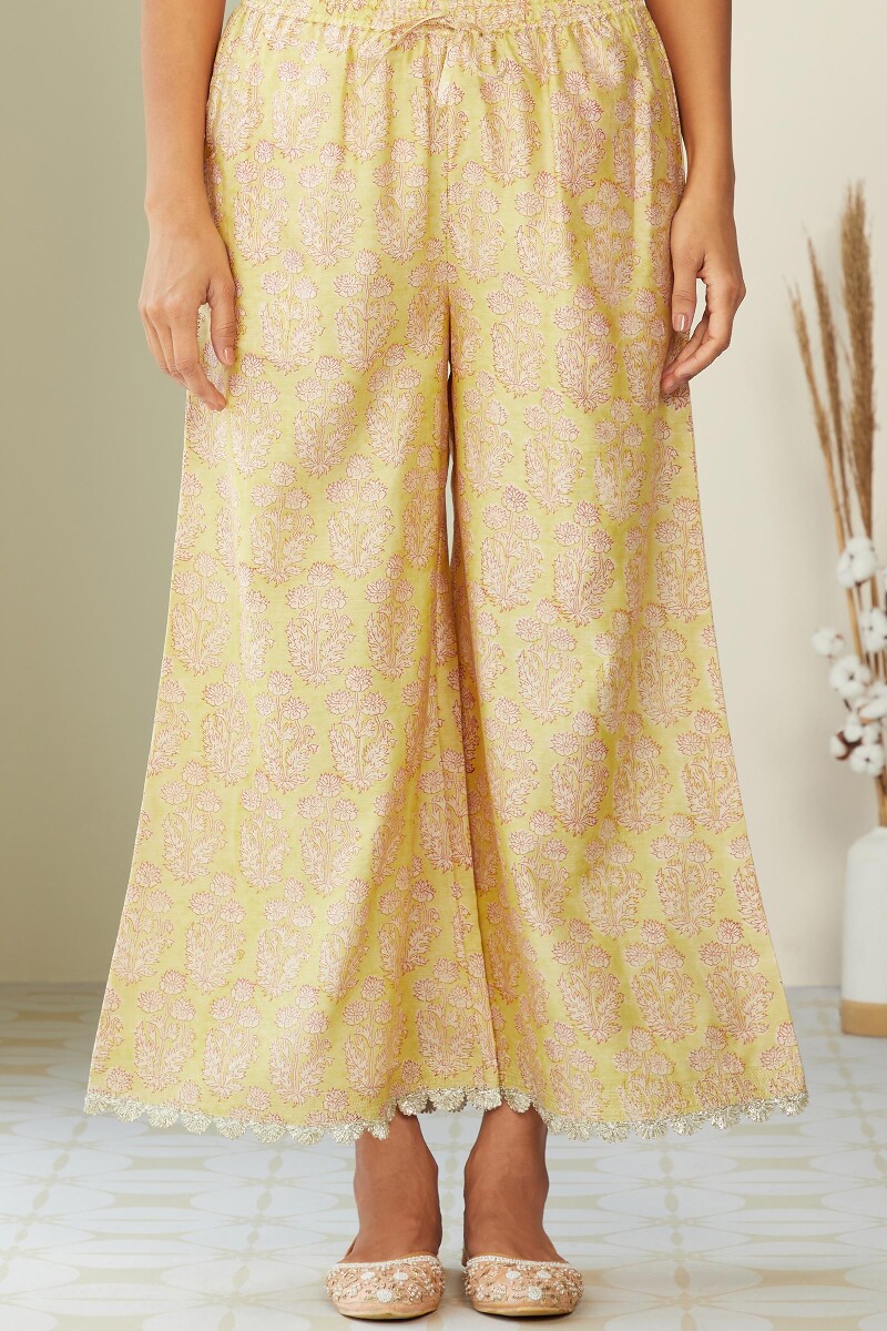 Yellow Hand Block-Printed Chanderi Palazzo