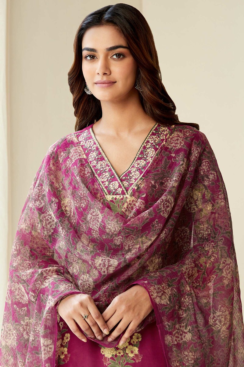 Raspberry Hand Block-Printed Kota Dupatta