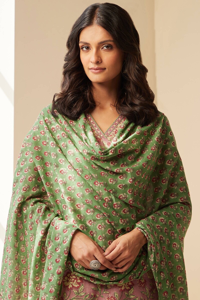Green Hand Block-Printed Cotton Mul Dupatta