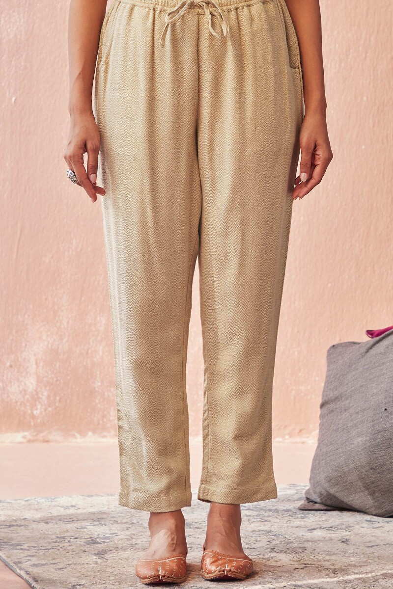 Beige Handcrafted Faux Wool Narrow Pants