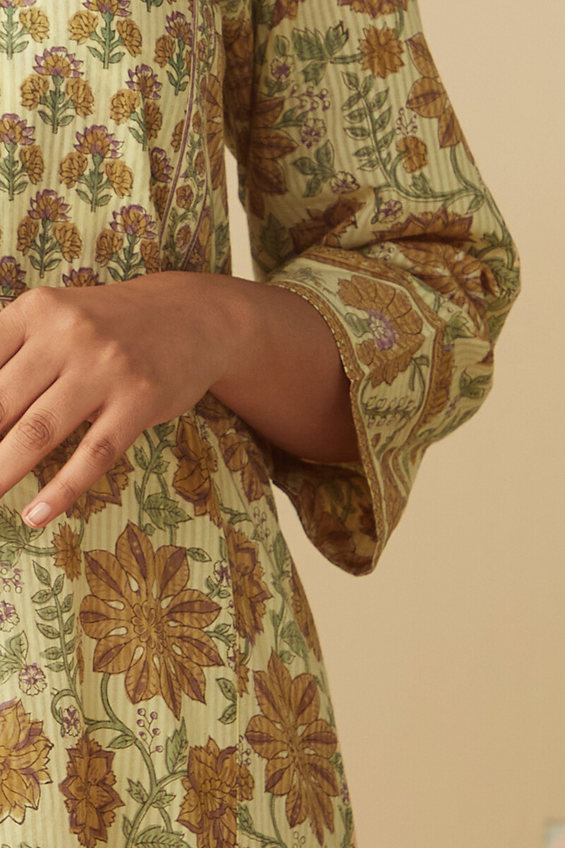 Beige Hand Block-Printed Cotton Dobby Kaftan