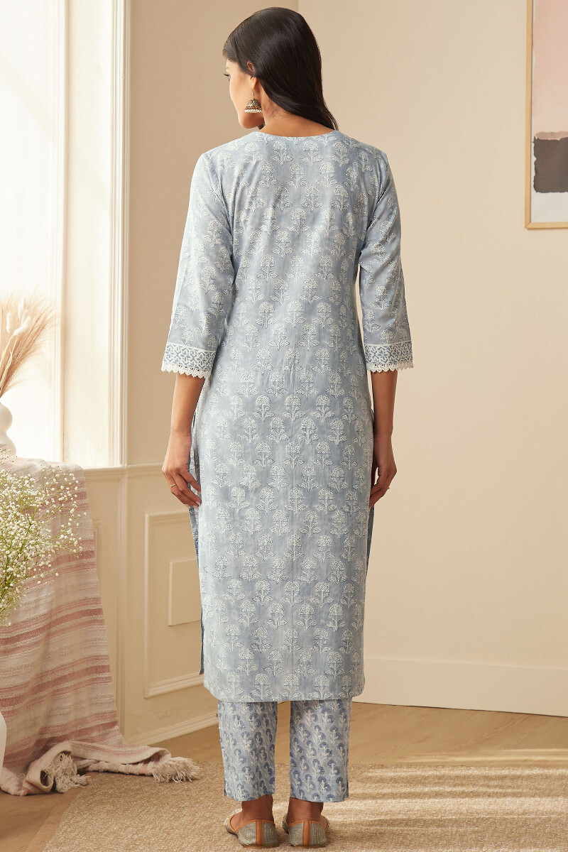 Blue Hand Block-Printed Straight Cotton Kurta