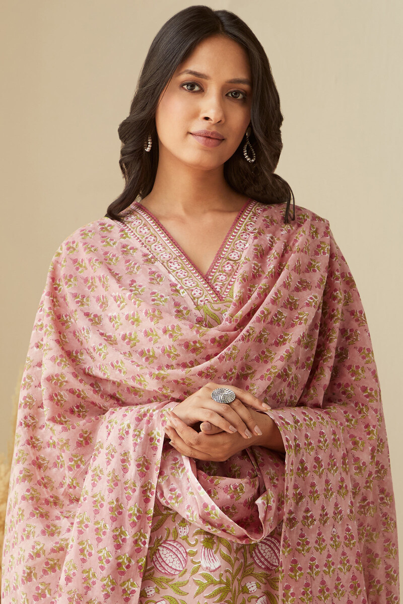 Pink Hand Block-Printed Cotton Mul Dupatta