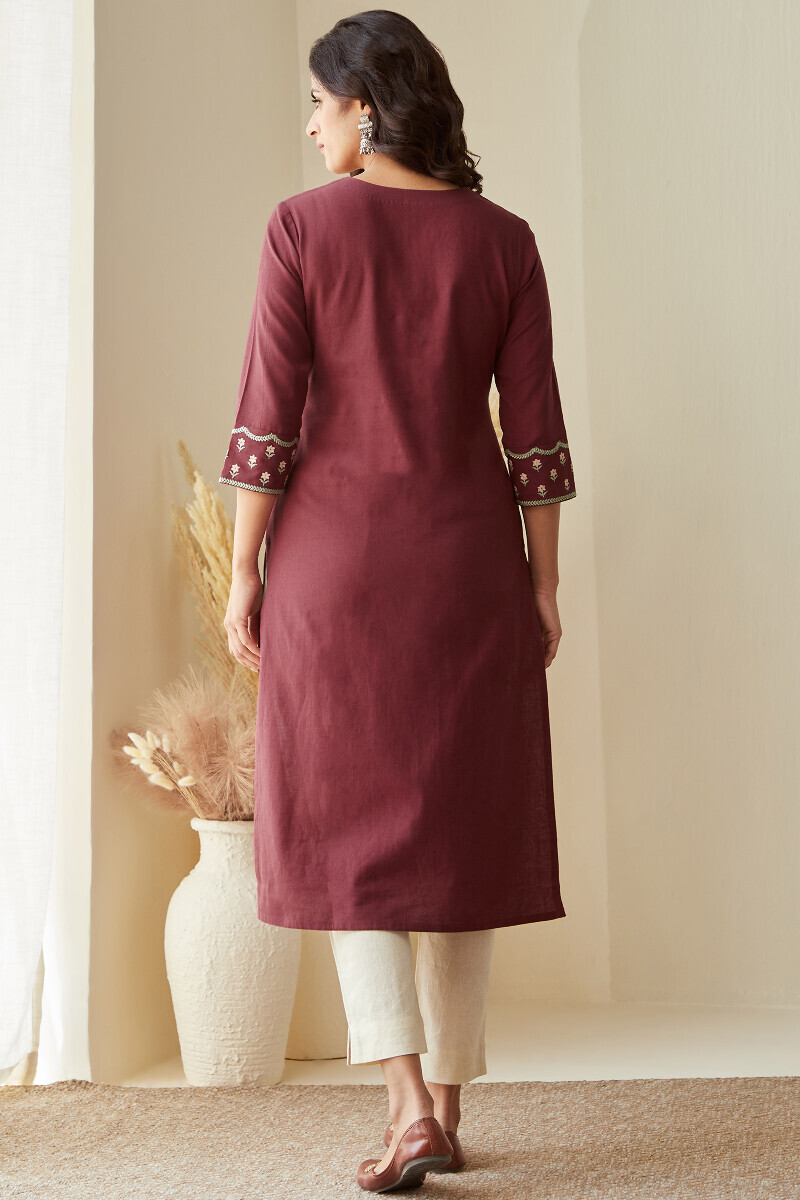 Maroon Handcrafted Straight Cotton Flax Kurta