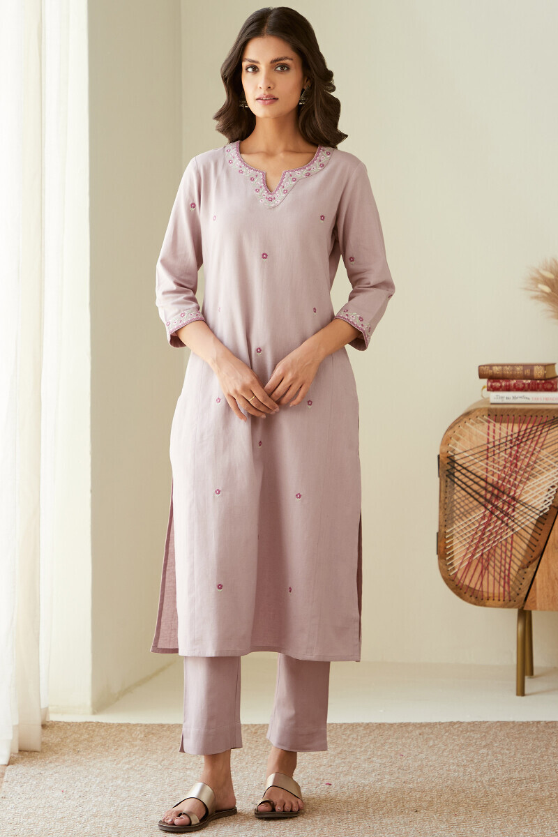 Pale Pink Handcrafted Straight Cotton Flax Kurta